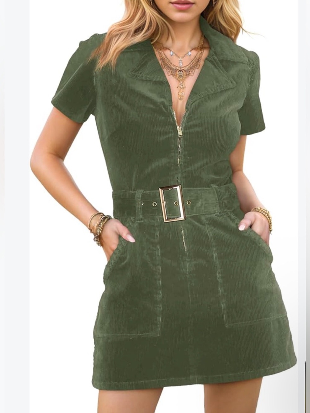Corduroy Belted Shirt Dress - Olive Green